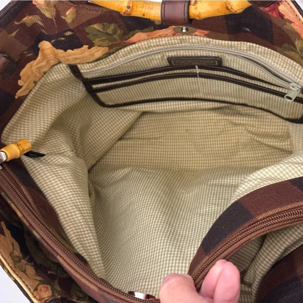 Cynthia Hart Los Angeles Floral Plaid Tote Bag Purse Bamboo Handles Gold Brown - Picture 12 of 14